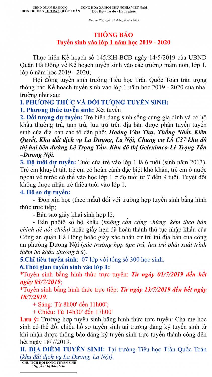 Thông báo tuyển sinh năm học 2019 - 2020
