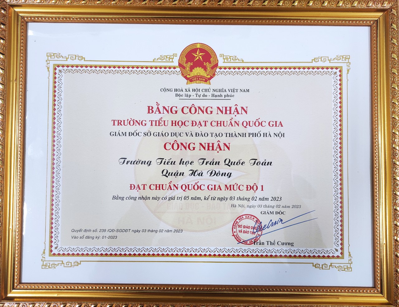 Trường Tiểu học Trần Quốc Toản đón nhận bằng công nhận đạt chuẩn Quốc gia cấp độ 1