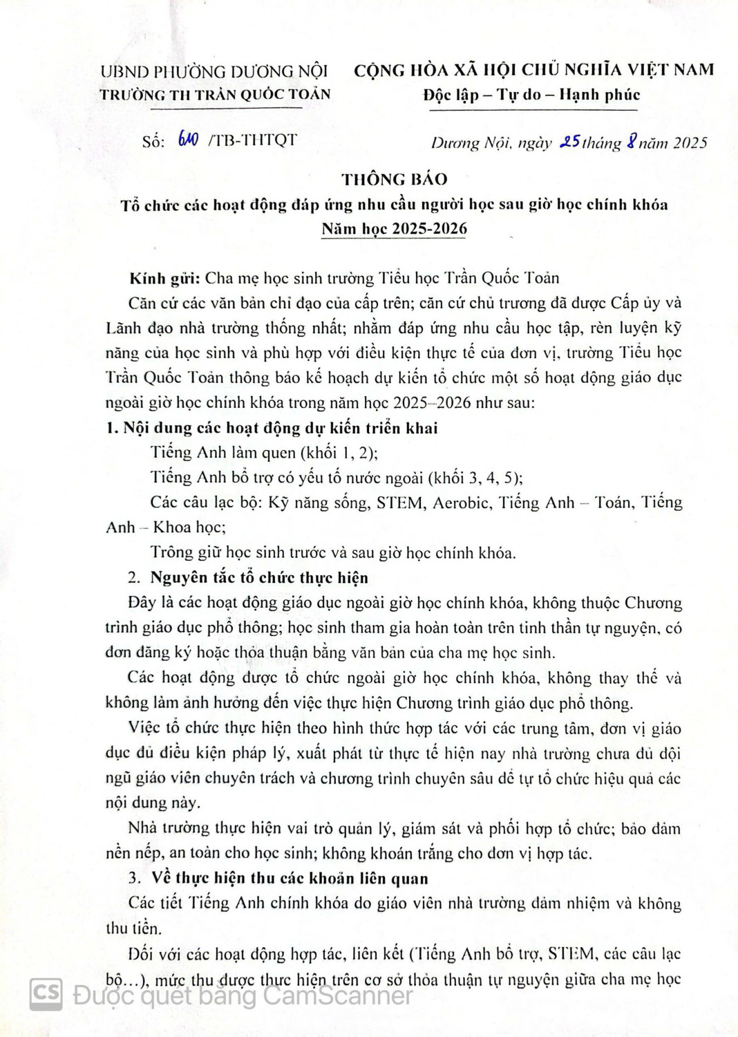 Thông báo tổ chức các hoạt động đáp ứng nhu cầu người học sau giờ học chính khóa năm học 2025-2026