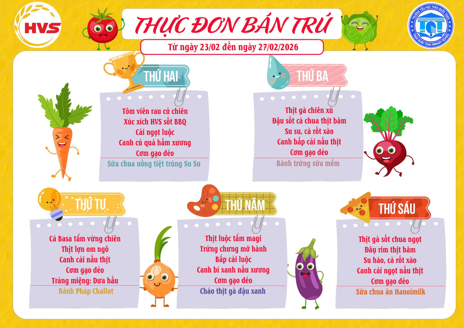 Thực đơn ngày 23 02 đến 27 02 2026