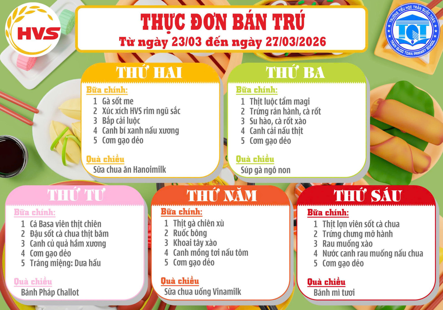 Thực đơn ngày 23 03 đến ngày 27 03 2026